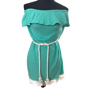 Derek Heart Teal Off Shoulder Boho Mini Dress Belt Crochet Trim Coastal Beach M